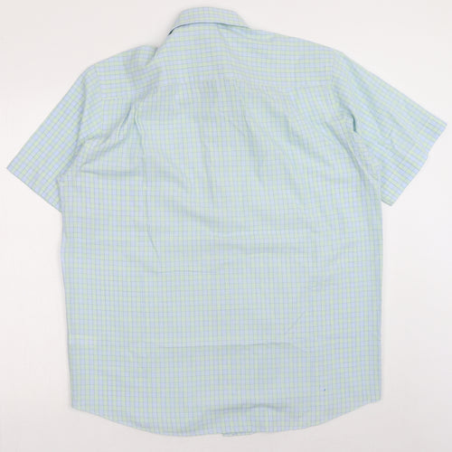 BHS Mens Green Check Polyester Button-Up Size 16 Collared Button