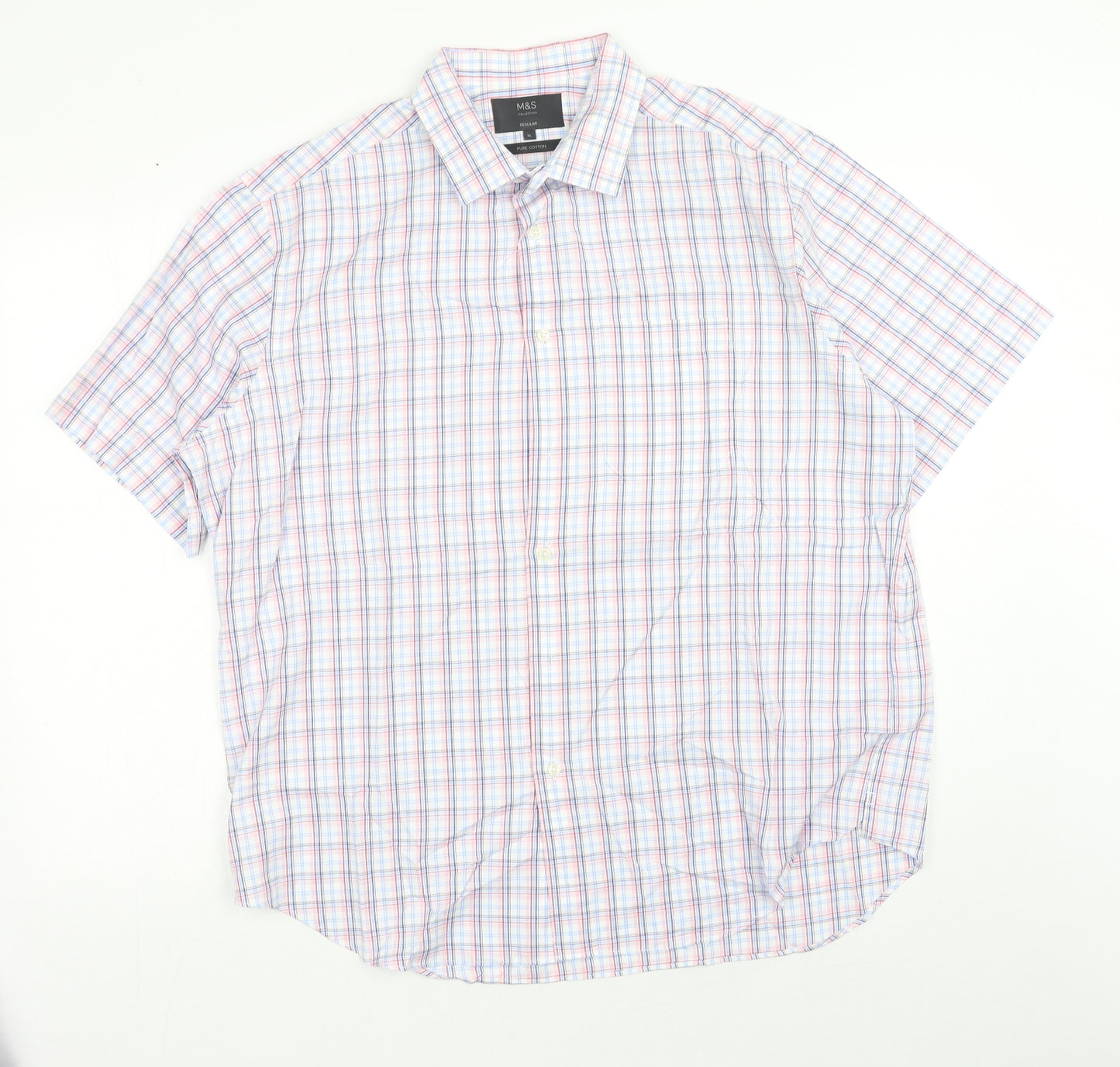 Marks and Spencer Mens Blue Plaid Cotton Button-Up Size XL Collared Button