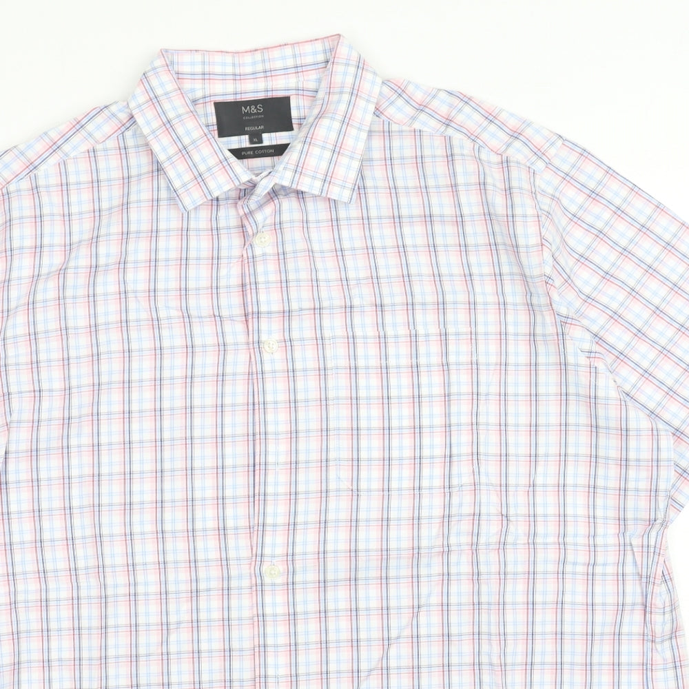Marks and Spencer Mens Blue Plaid Cotton Button-Up Size XL Collared Button