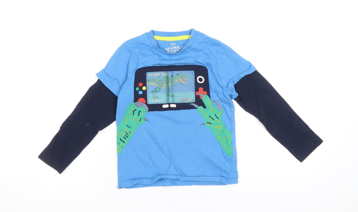 Marks and Spencer Boys Blue Cotton Basic T-Shirt Size 3-4 Years Round Neck Pullover - Dinosaur