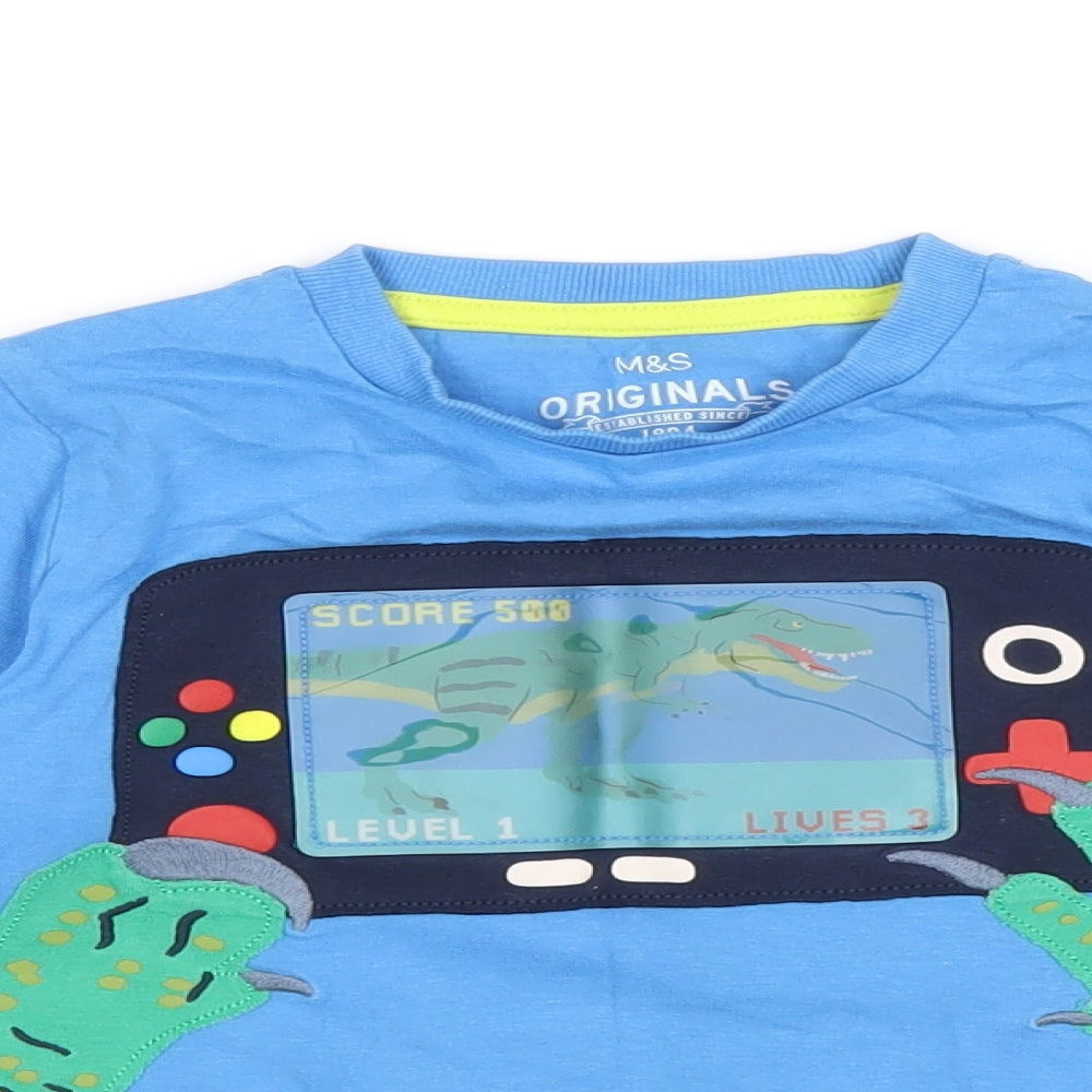 Marks and Spencer Boys Blue Cotton Basic T-Shirt Size 3-4 Years Round Neck Pullover - Dinosaur