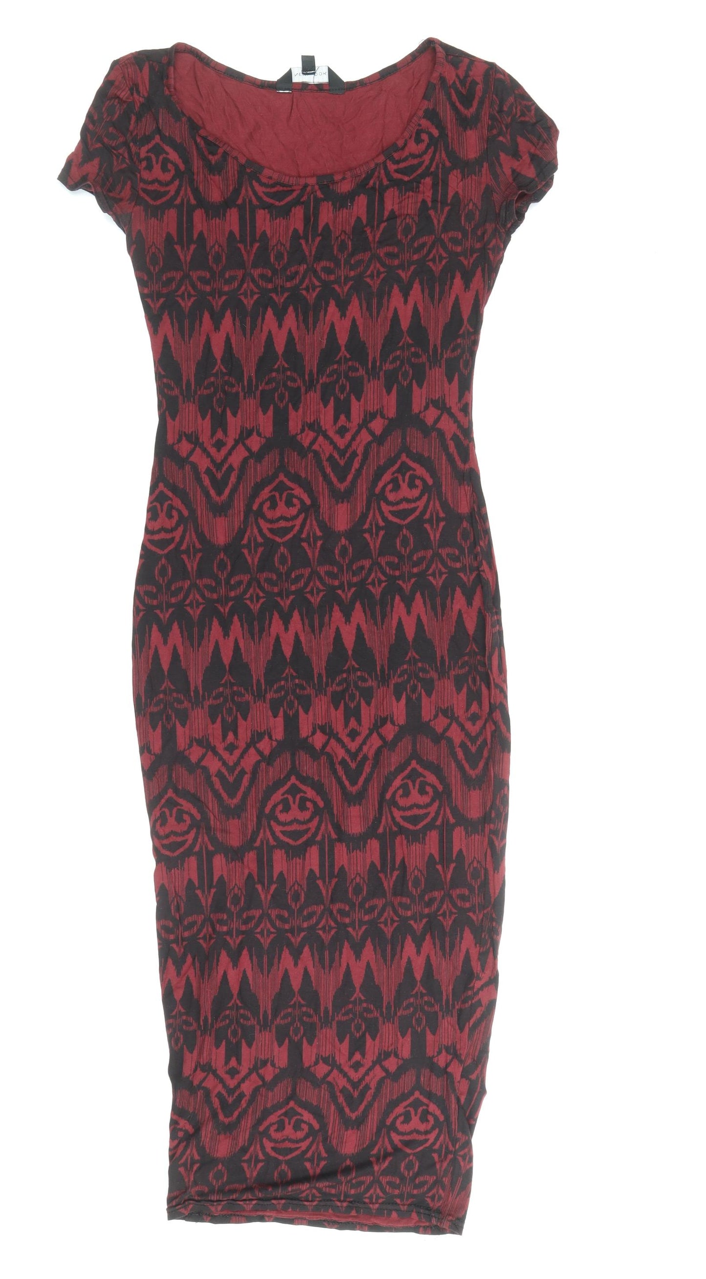 New Look Womens Red Geometric Viscose Bodycon Size 8 Scoop Neck Pullover