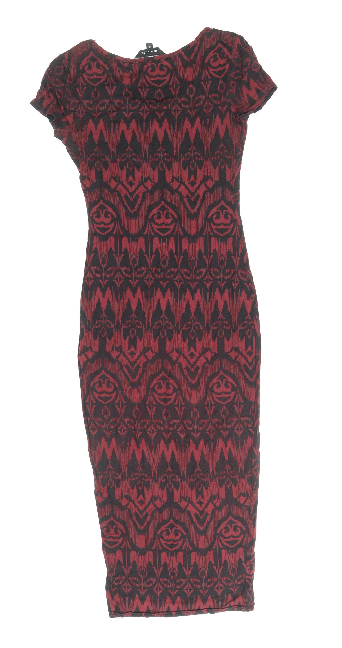New Look Womens Red Geometric Viscose Bodycon Size 8 Scoop Neck Pullover