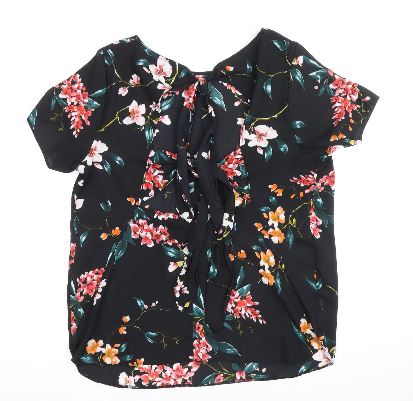Primark Womens Black Floral Polyester Basic Blouse Size 14 Boat Neck