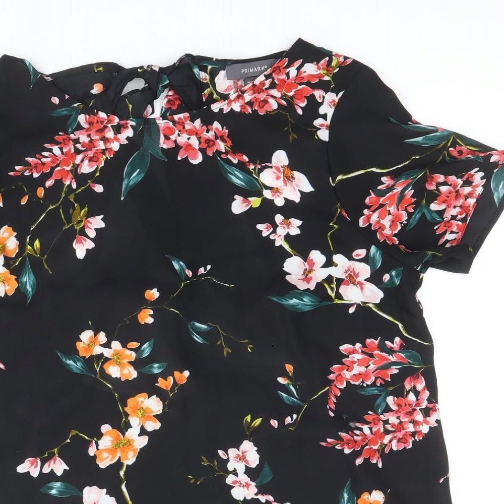 Primark Womens Black Floral Polyester Basic Blouse Size 14 Boat Neck