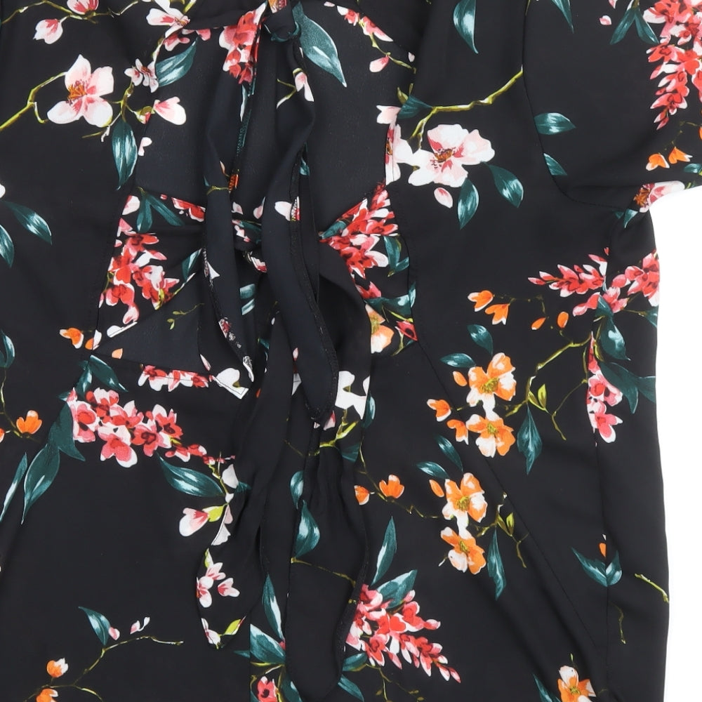 Primark Womens Black Floral Polyester Basic Blouse Size 14 Boat Neck
