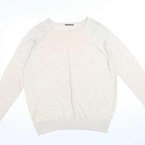 Preworn Womens Beige Scoop Neck Polyester Pullover Jumper Size 12 - Size 12-14