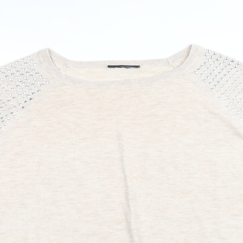 Preworn Womens Beige Scoop Neck Polyester Pullover Jumper Size 12 - Size 12-14