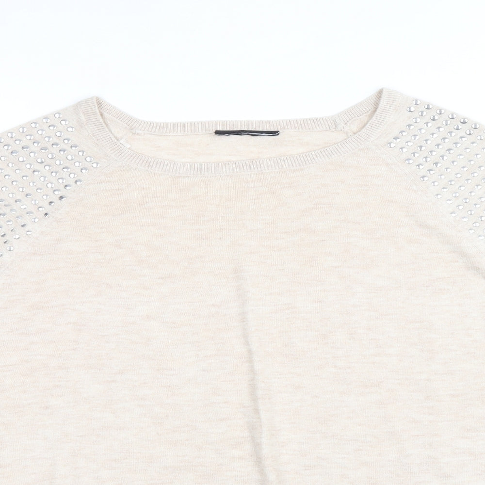 Preworn Womens Beige Scoop Neck Polyester Pullover Jumper Size 12 - Size 12-14