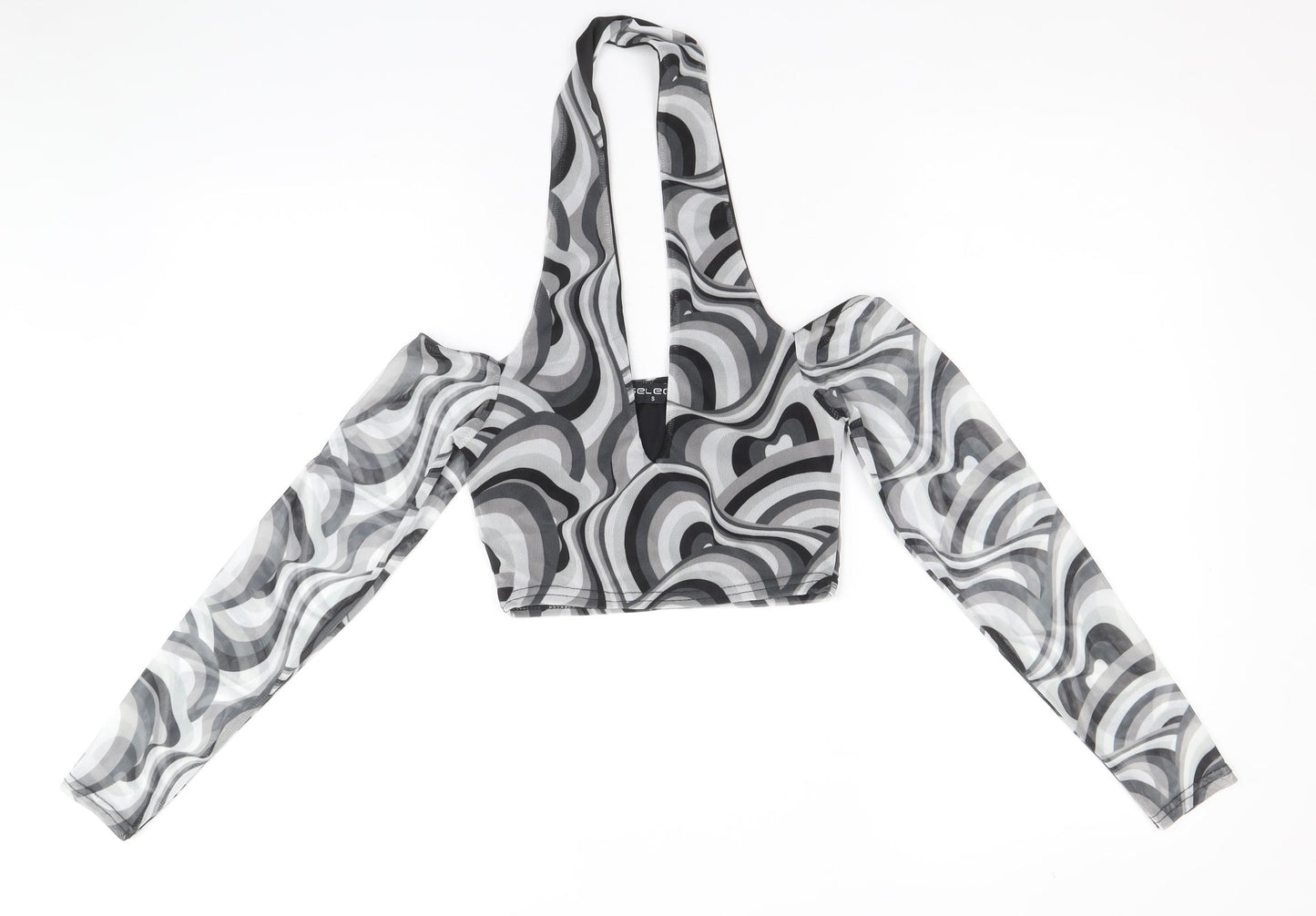 Select Womens Grey Geometric Polyester Cropped Blouse Size S Halter