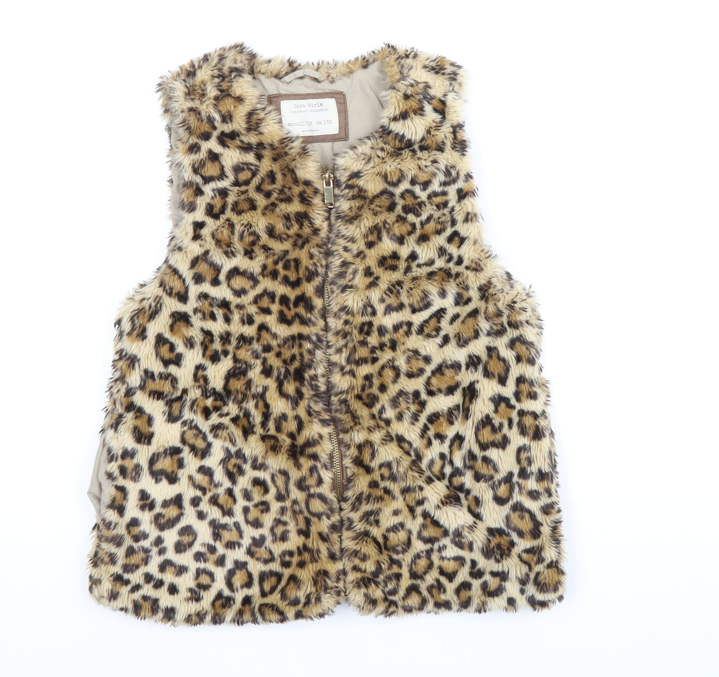 Zara Girls Beige Animal Print Gilet Waistcoat Size 11-12 Years Zip