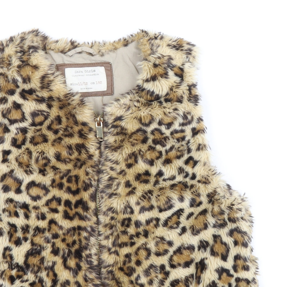 Zara Girls Beige Animal Print Gilet Waistcoat Size 11-12 Years Zip