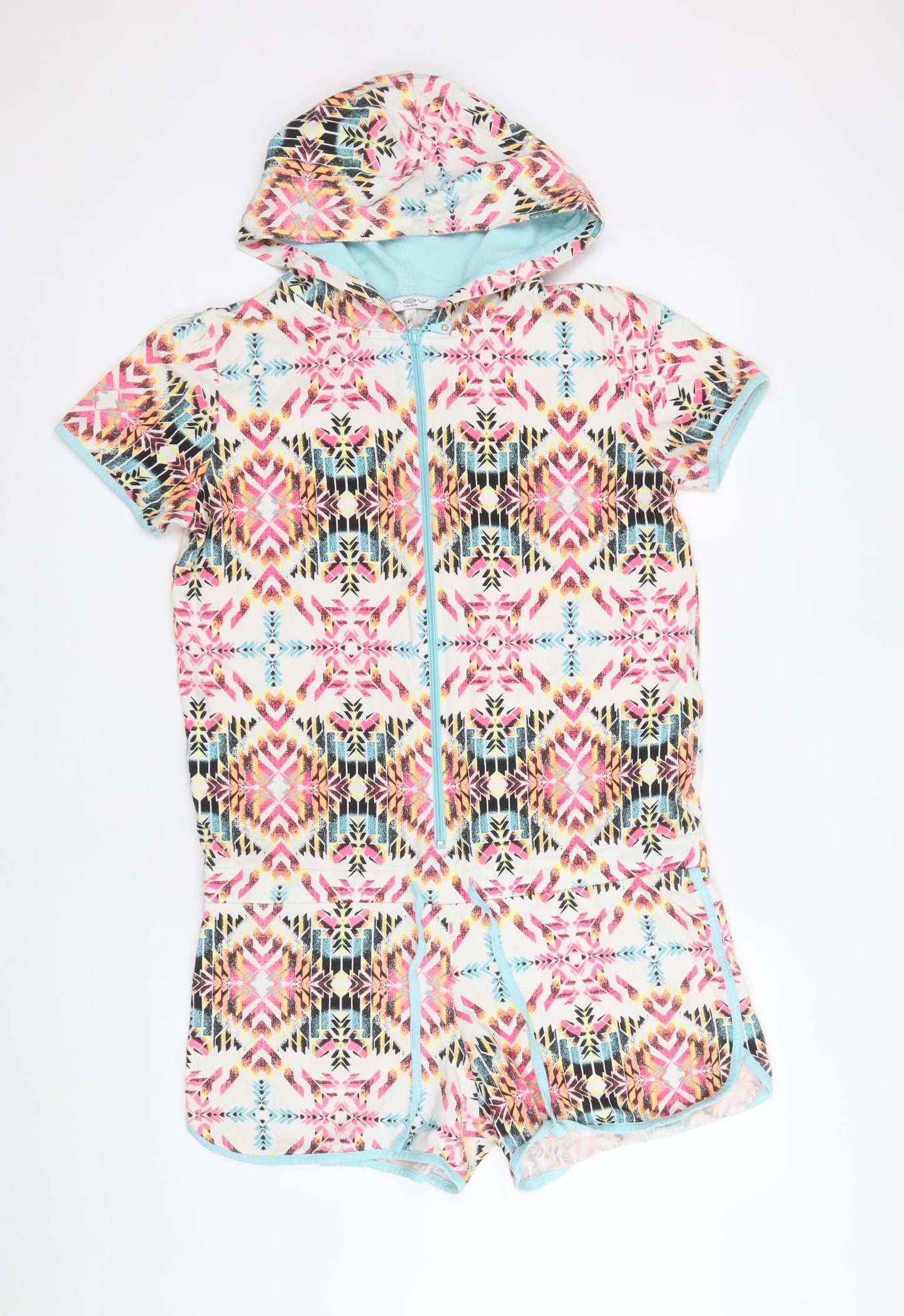 New Look Womens Multicoloured Geometric 100% Cotton Playsuit One-Piece Size M Zip