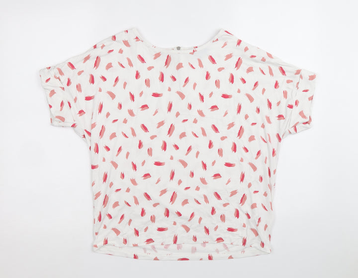Peacocks Womens White Geometric Viscose Basic T-Shirt Size 10 Scoop Neck