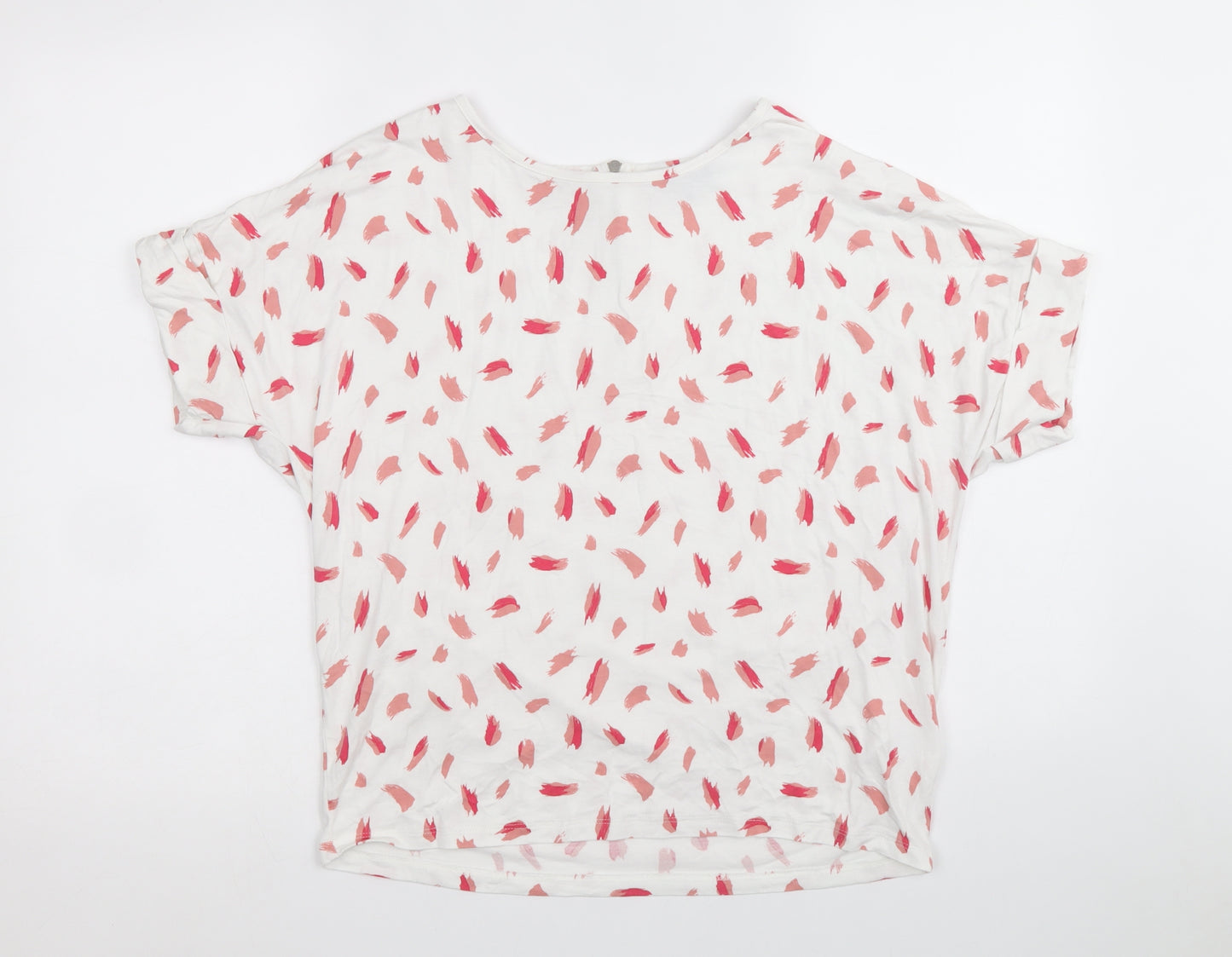 Peacocks Womens White Geometric Viscose Basic T-Shirt Size 10 Scoop Neck