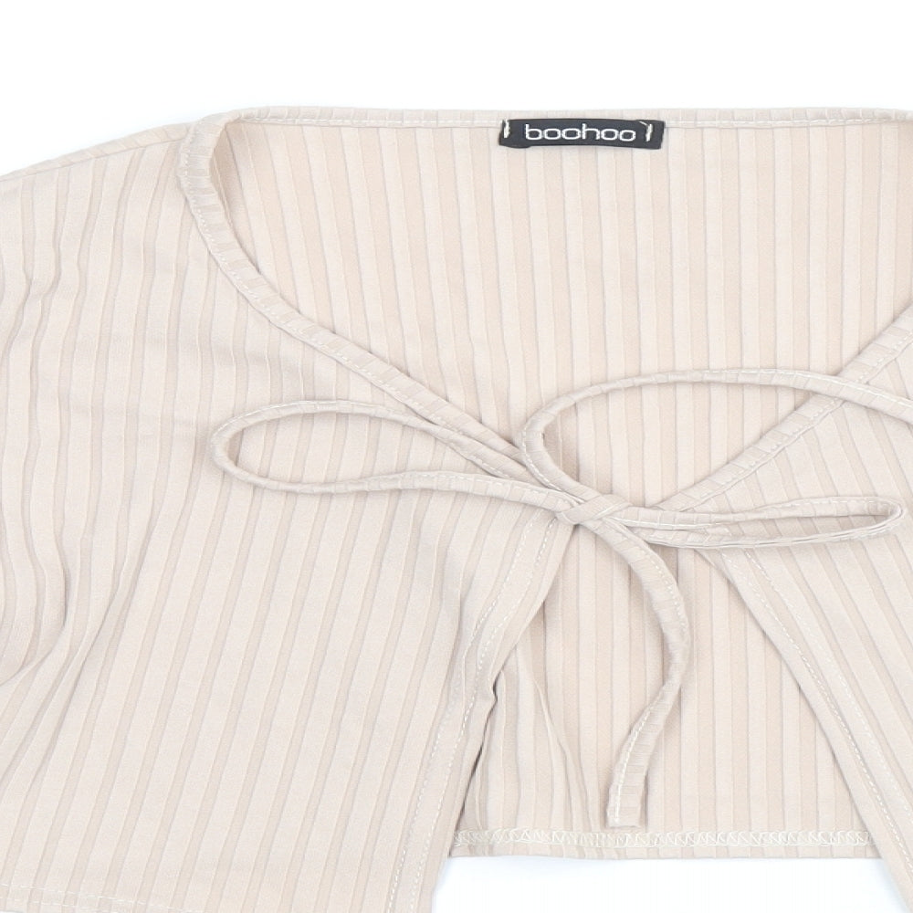 Boohoo Womens Beige Polyester Basic Blouse Size 10 V-Neck - Ribbed Tie Front