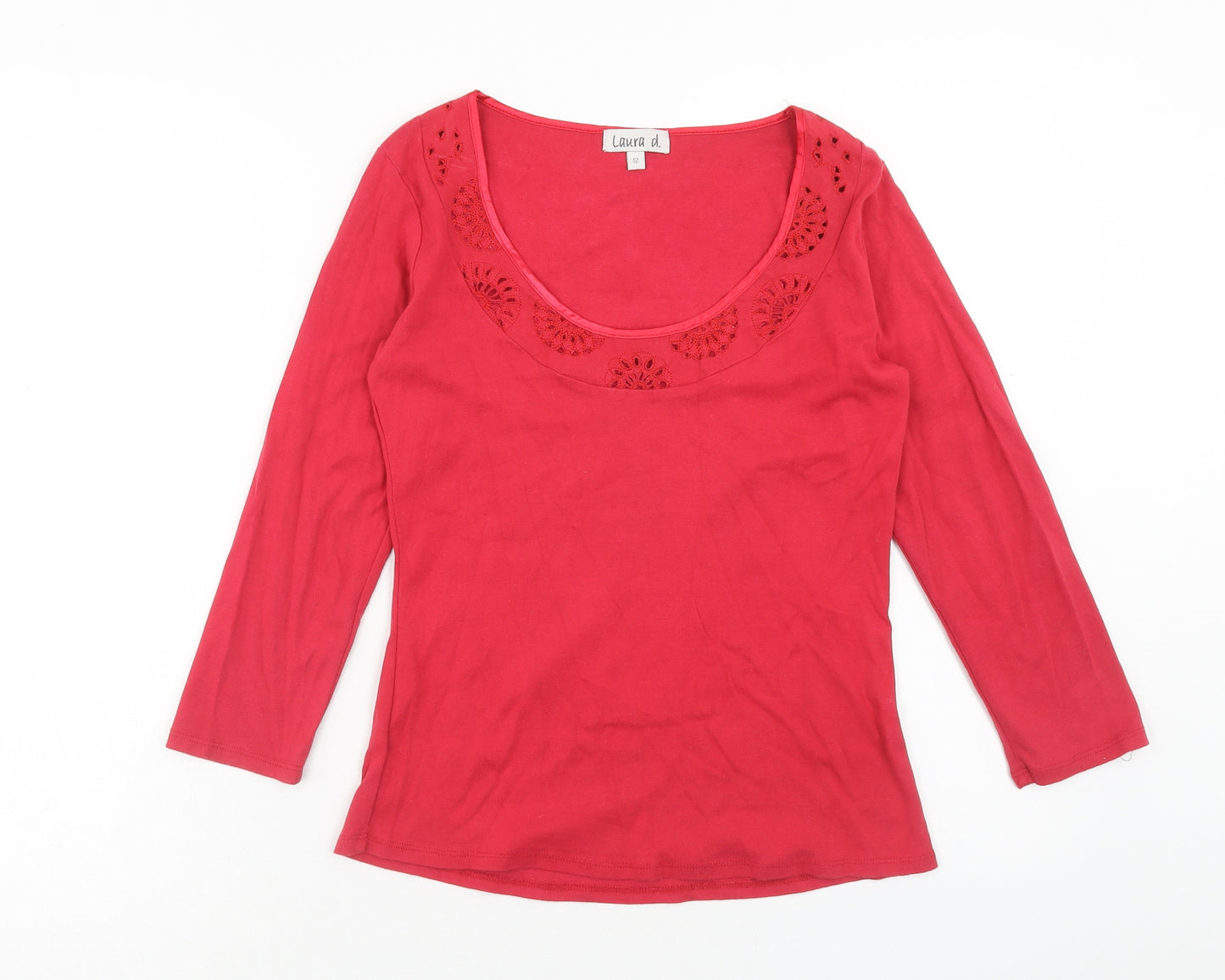 Laura D. Womens Pink Cotton Basic T-Shirt Size 12 Round Neck - Anglaise Detail