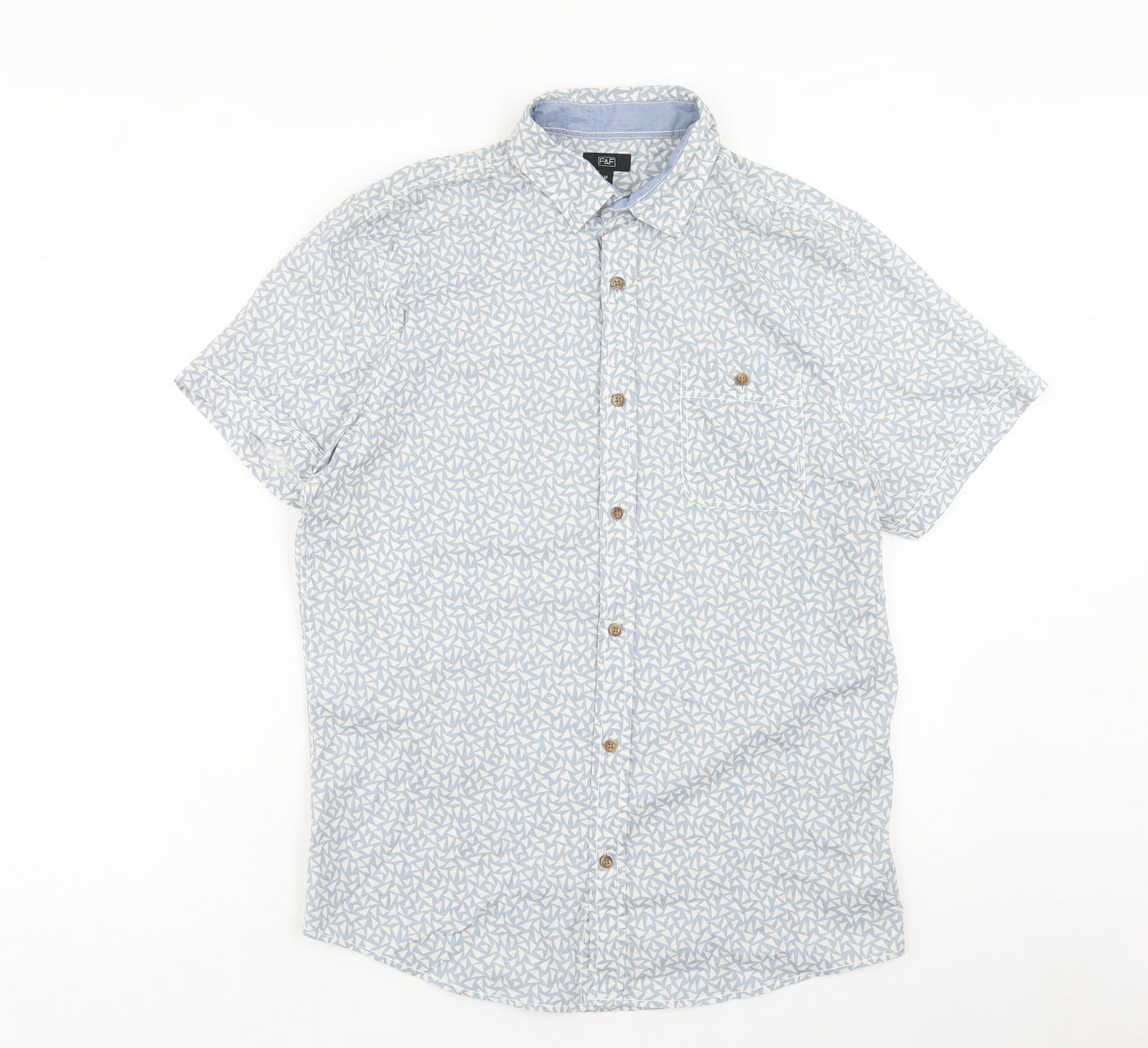 F&F Mens Blue Geometric Cotton Button-Up Size M Collared Button