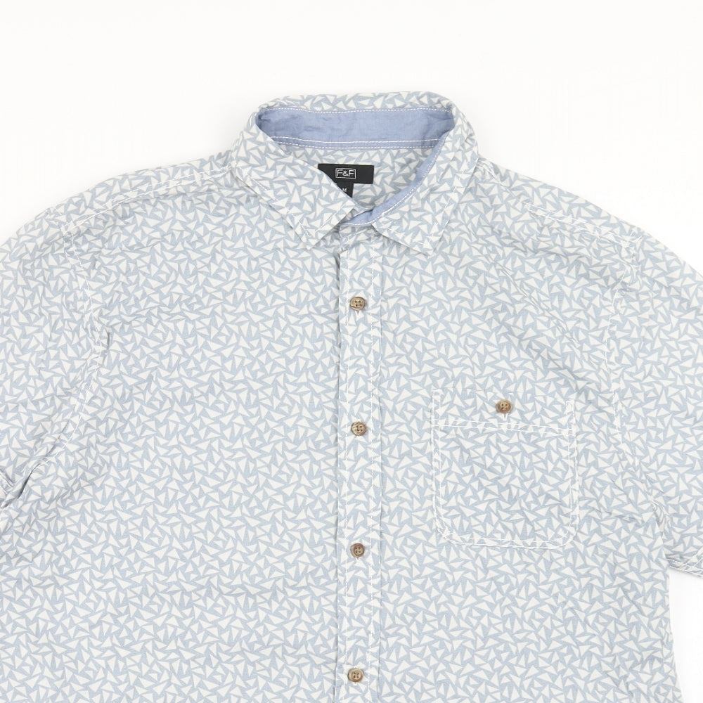 F&F Mens Blue Geometric Cotton Button-Up Size M Collared Button