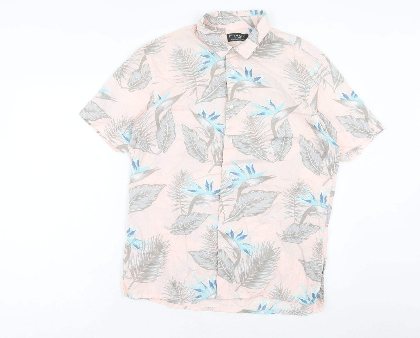 Primark Mens Pink Geometric Cotton Button-Up Size L Collared Button