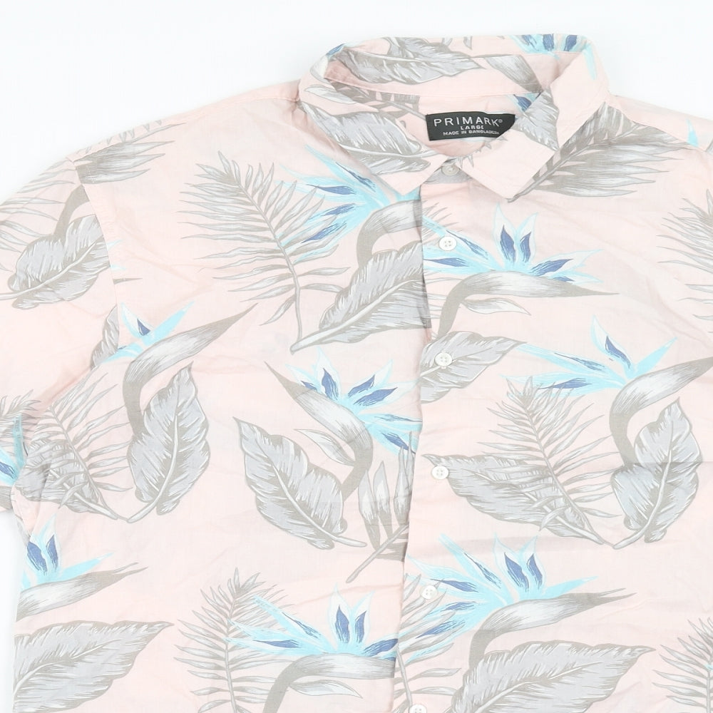 Primark Mens Pink Geometric Cotton Button-Up Size L Collared Button
