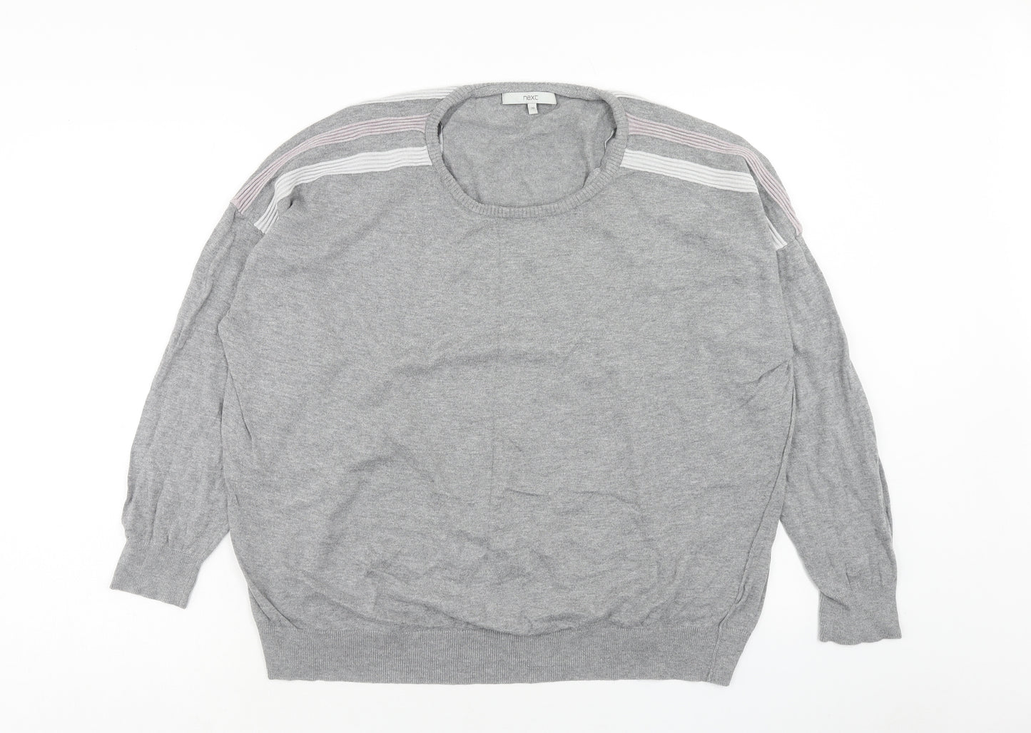 NEXT Womens Grey Round Neck Cotton Pullover Jumper Size 20 - Stripe Shoulder Detail