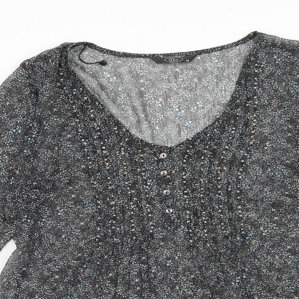 Bonmarché Womens Black Floral Polyester Basic Blouse Size 14 Scoop Neck