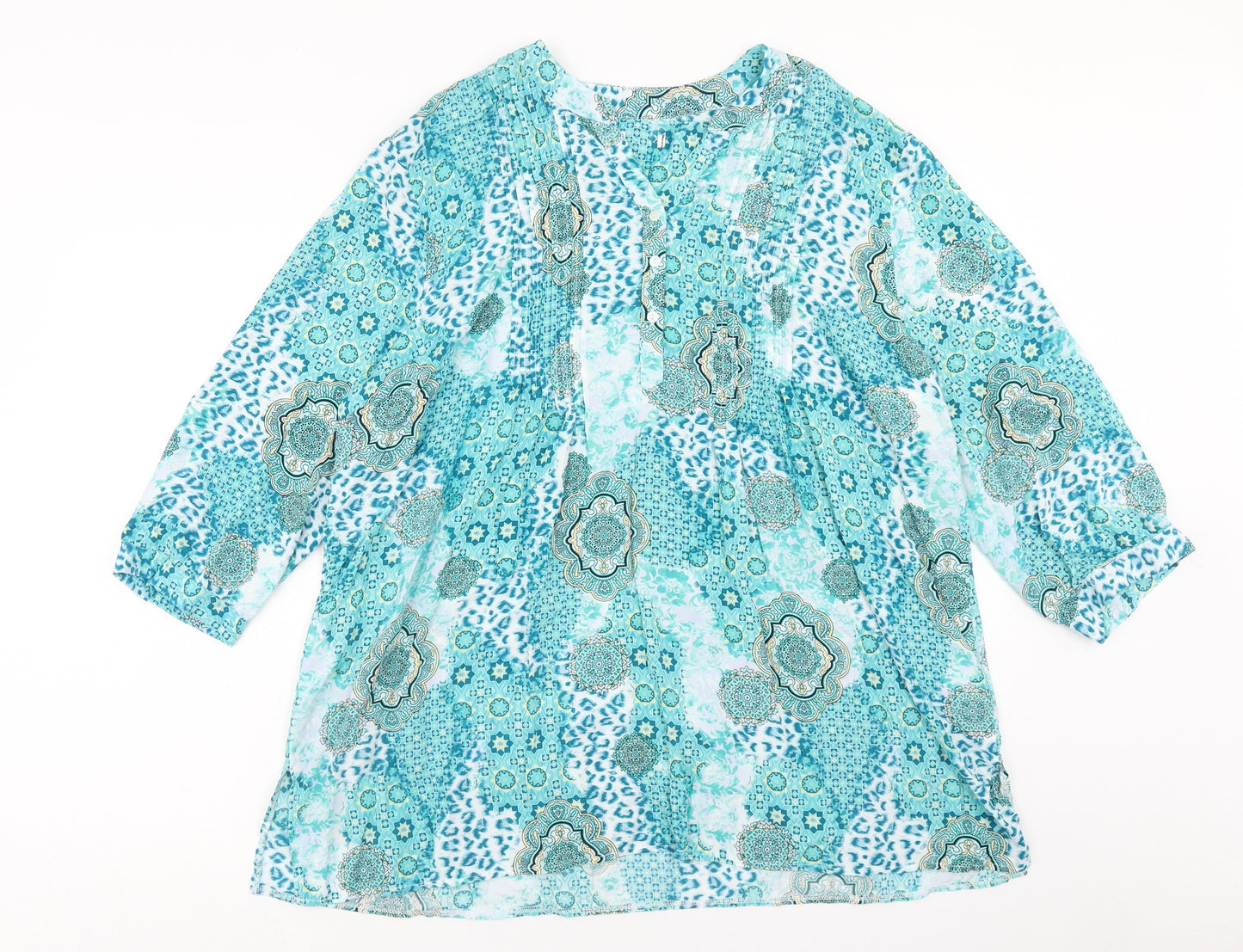 Preworn Womens Green Geometric Viscose Basic Blouse Size 24 V-Neck