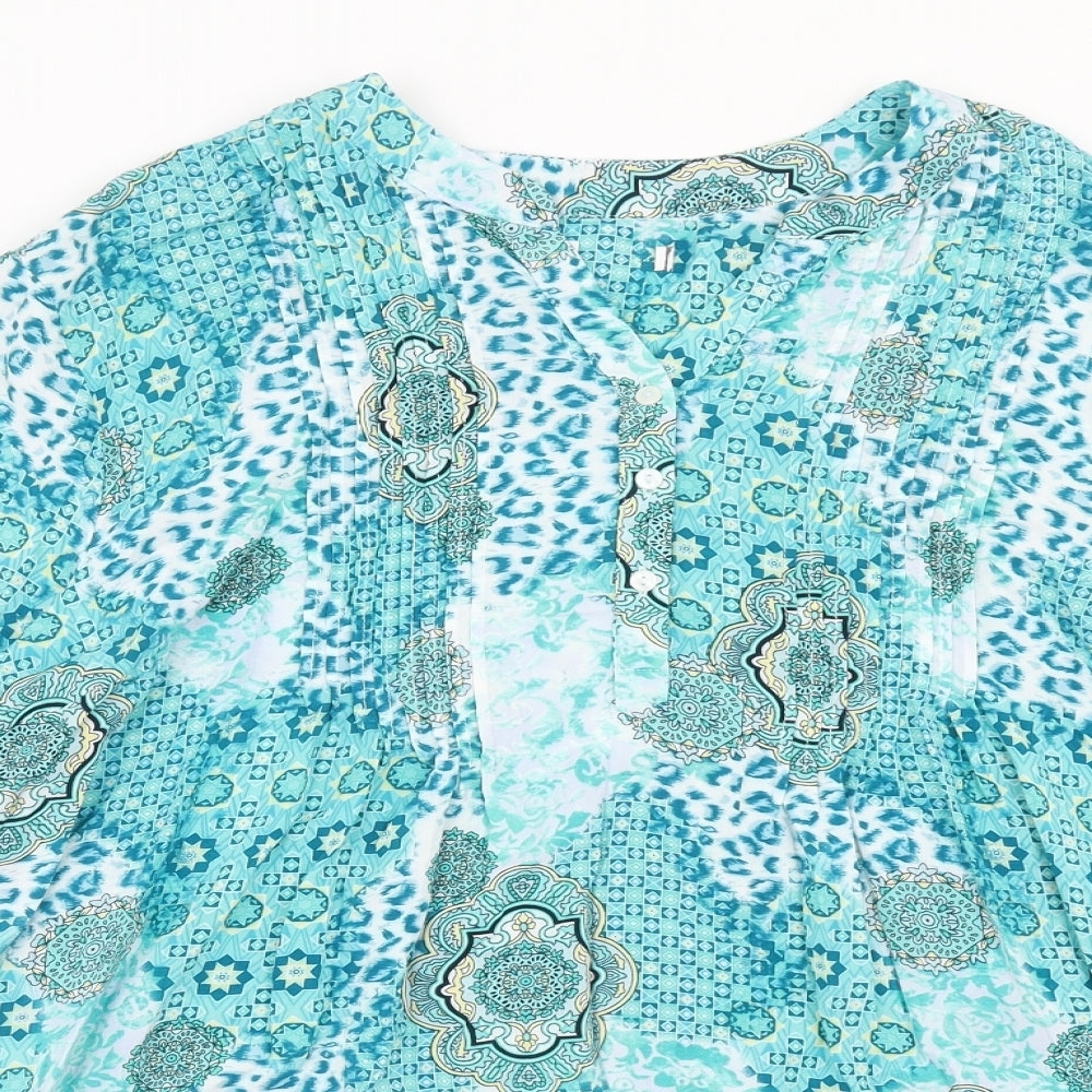 Preworn Womens Green Geometric Viscose Basic Blouse Size 24 V-Neck