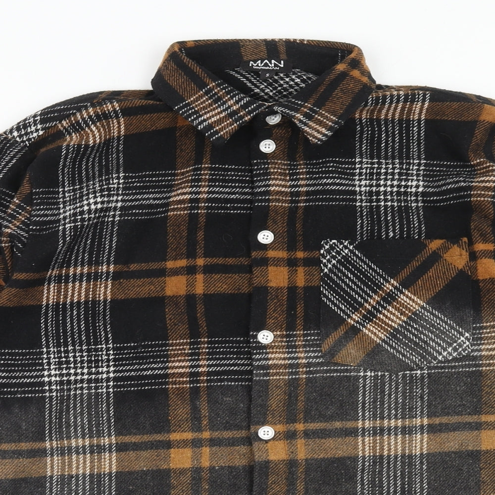 Boohoo Mens Grey Plaid Polyester Button-Up Size S Collared Button