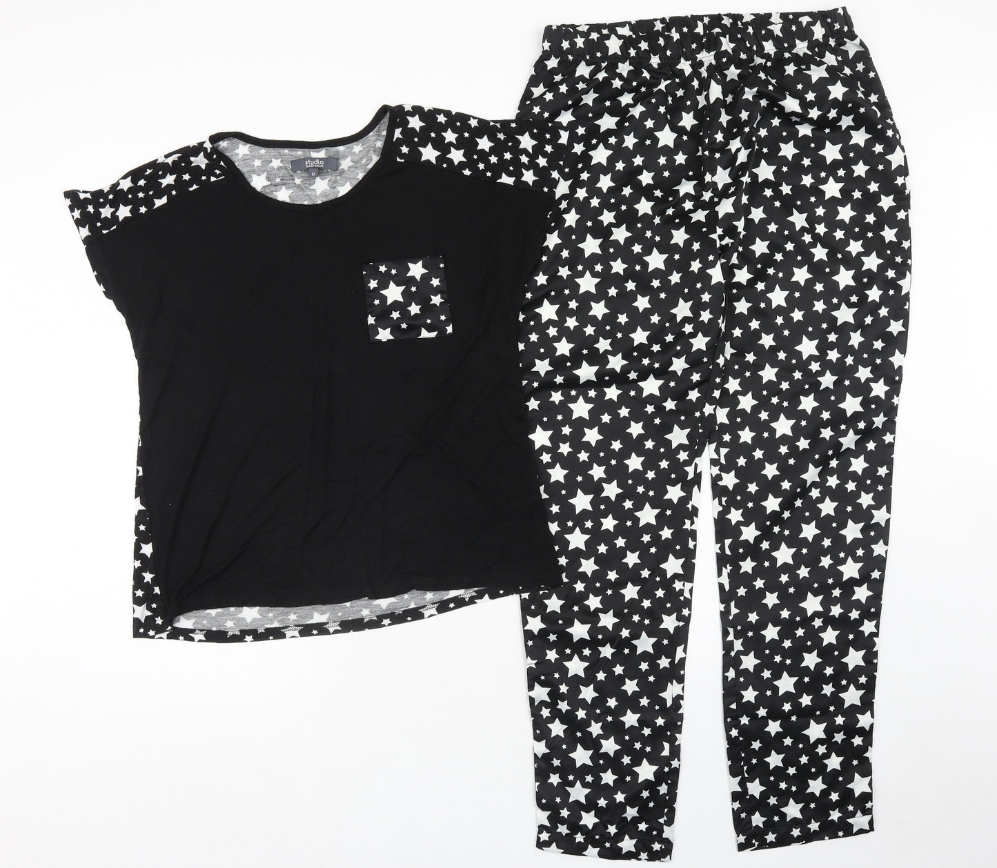 Studio Womens Black Geometric Polyacrylate Fibre Top Pyjama Set Size M - Star