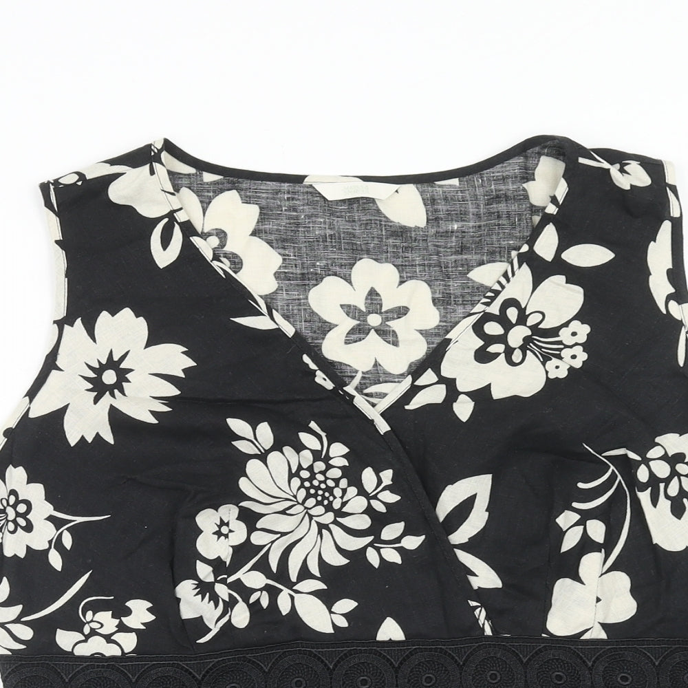 Marks and Spencer Womens Black Floral Linen Basic Blouse Size 16 V-Neck