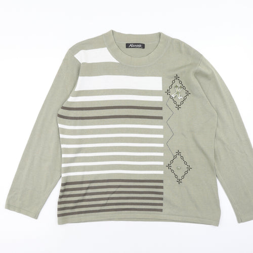 ALEXARA Womens Green Round Neck Geometric Cotton Pullover Jumper Size XL