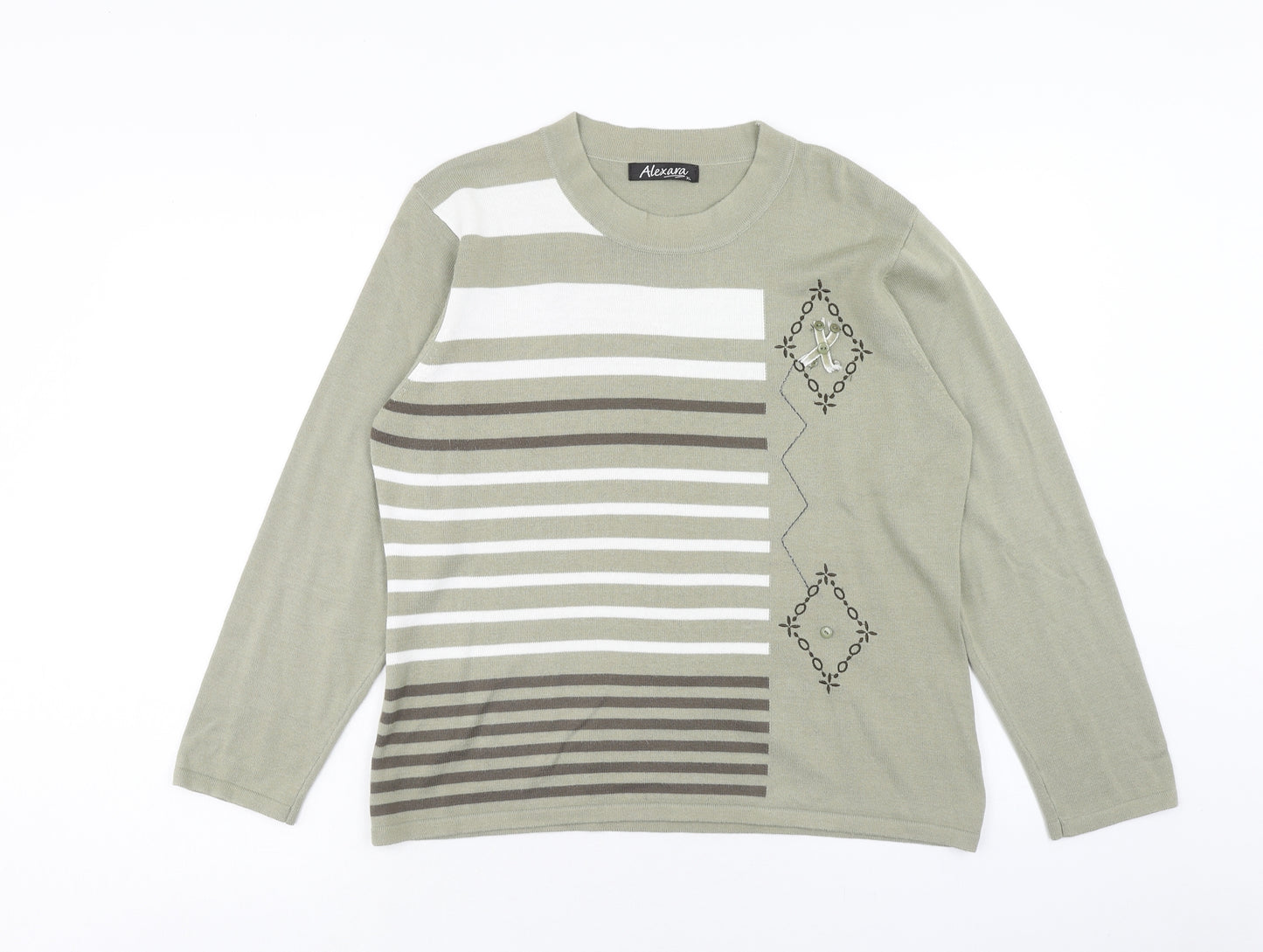 ALEXARA Womens Green Round Neck Geometric Cotton Pullover Jumper Size XL