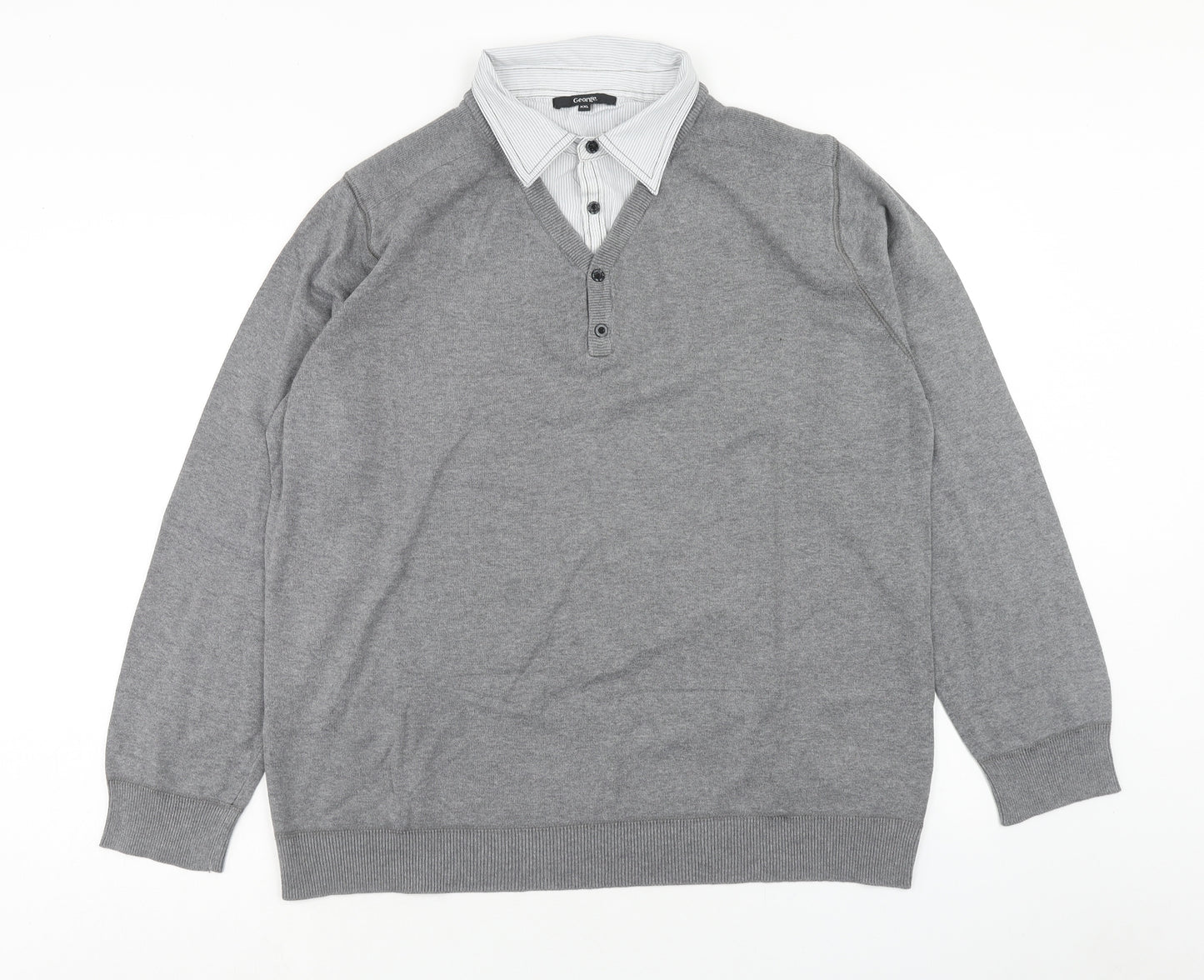 George Mens Grey Collared Cotton Pullover Jumper Size 2XL - 2 in 1 Shirt