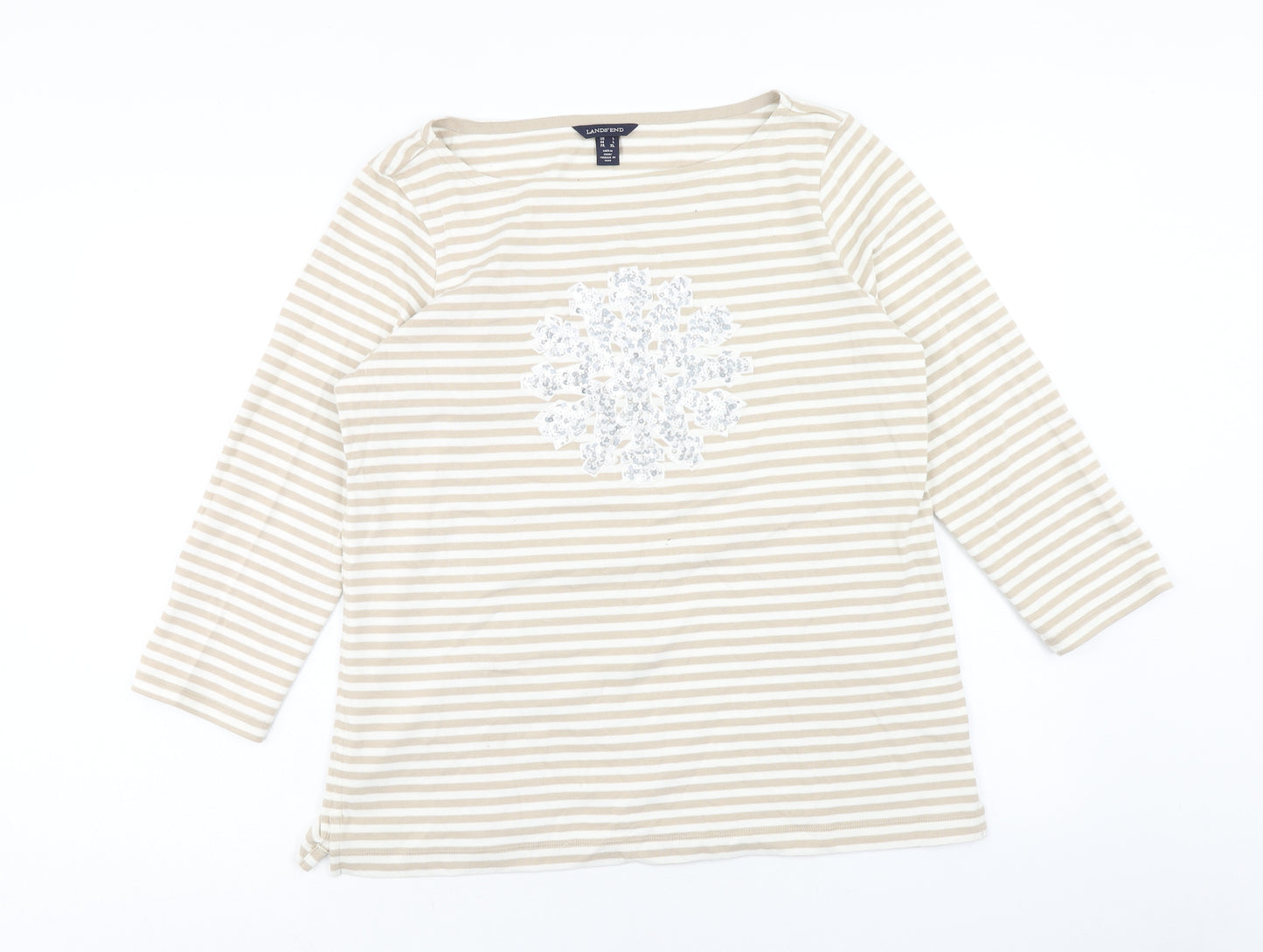 Land's End Womens Beige Striped Cotton Basic Blouse Size L Boat Neck - Snowflake