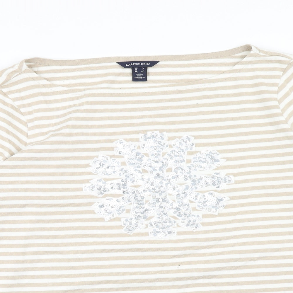 Land's End Womens Beige Striped Cotton Basic Blouse Size L Boat Neck - Snowflake