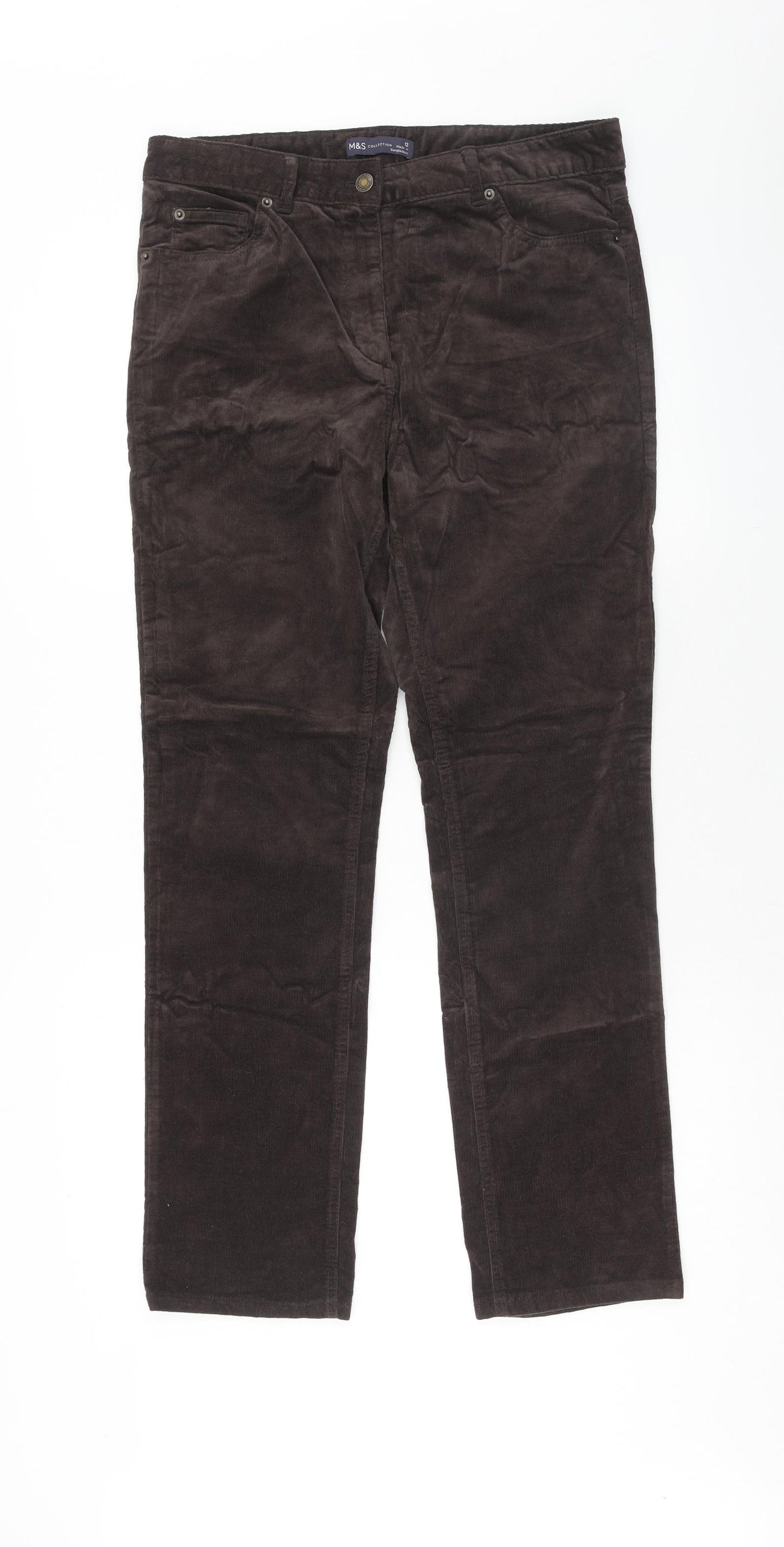 Marks and Spencer Womens Brown Cotton Trousers Size 12 Regular Zip