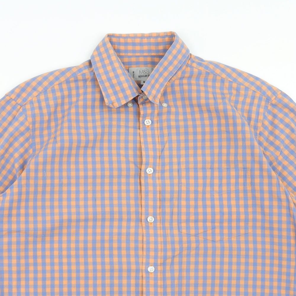 Marks and Spencer Mens Orange Check Cotton Button-Up Size M Collared Button