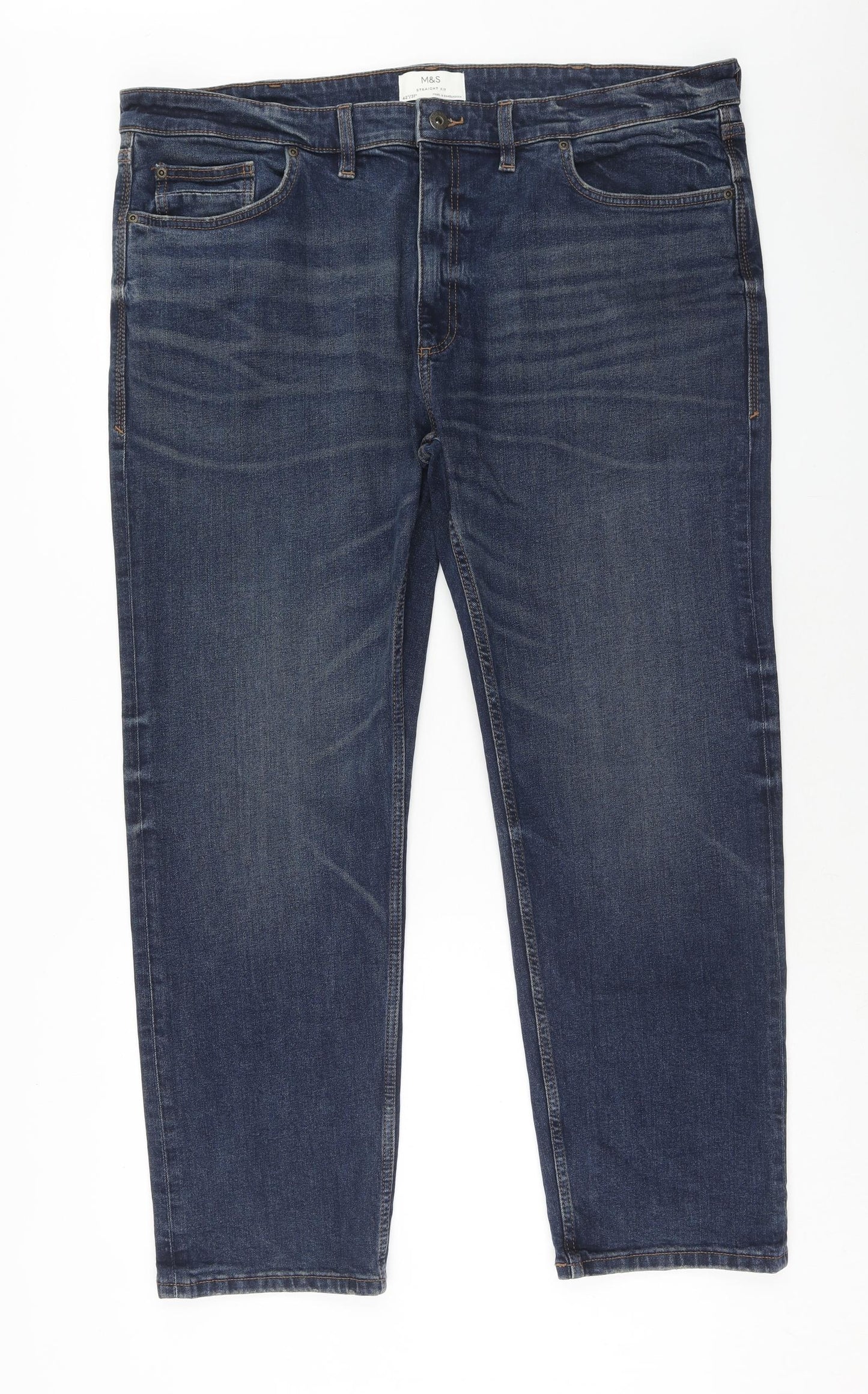 Marks and Spencer Mens Blue Cotton Straight Jeans Size 42 in L31 in Regular Zip