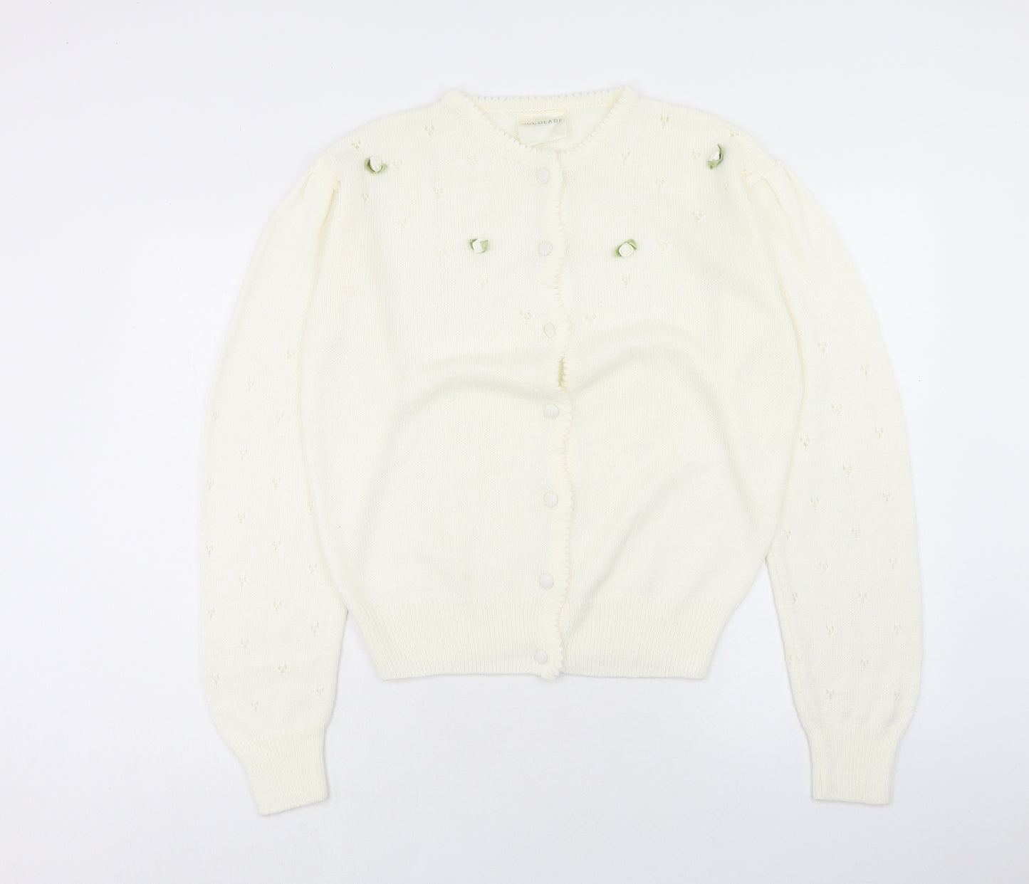 Accolade Womens Ivory Round Neck Acrylic Cardigan Jumper Size 12 - Size 12-14, Flower Detail