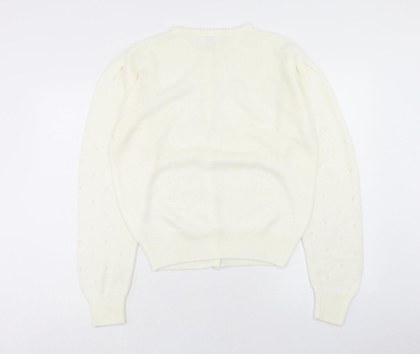 Accolade Womens Ivory Round Neck Acrylic Cardigan Jumper Size 12 - Size 12-14, Flower Detail