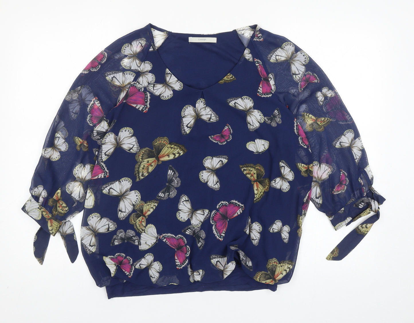 George Womens Blue Geometric Polyester Basic Blouse Size 14 Round Neck - Butterfly Print