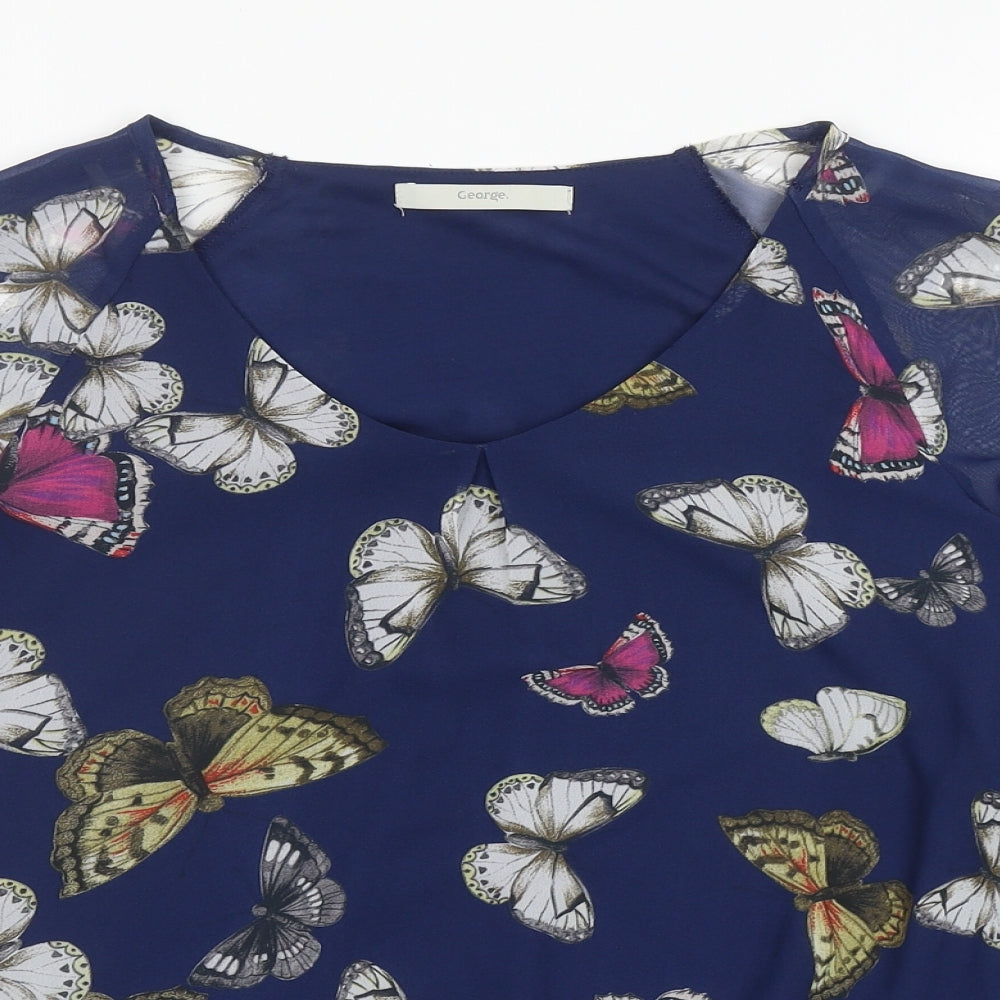 George Womens Blue Geometric Polyester Basic Blouse Size 14 Round Neck - Butterfly Print