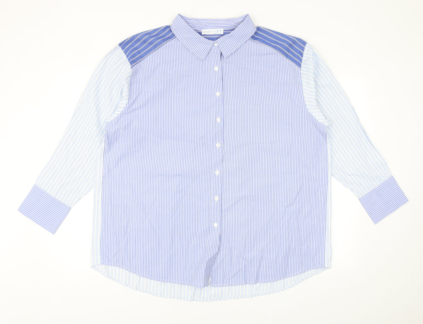 Primark Womens Blue Striped Polyester Basic Button-Up Size L Collared