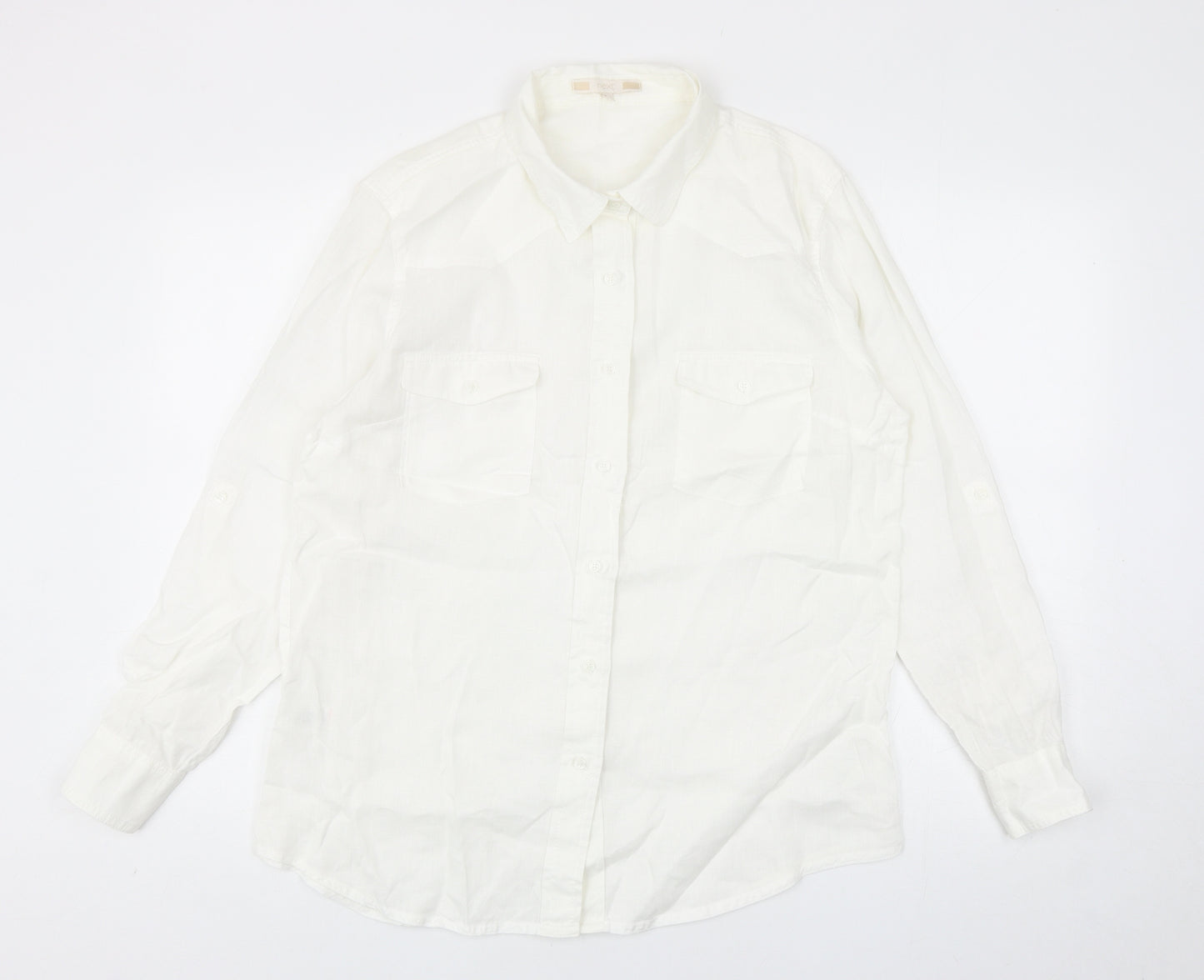 NEXT Womens White Linen Basic Button-Up Size 14 Collared