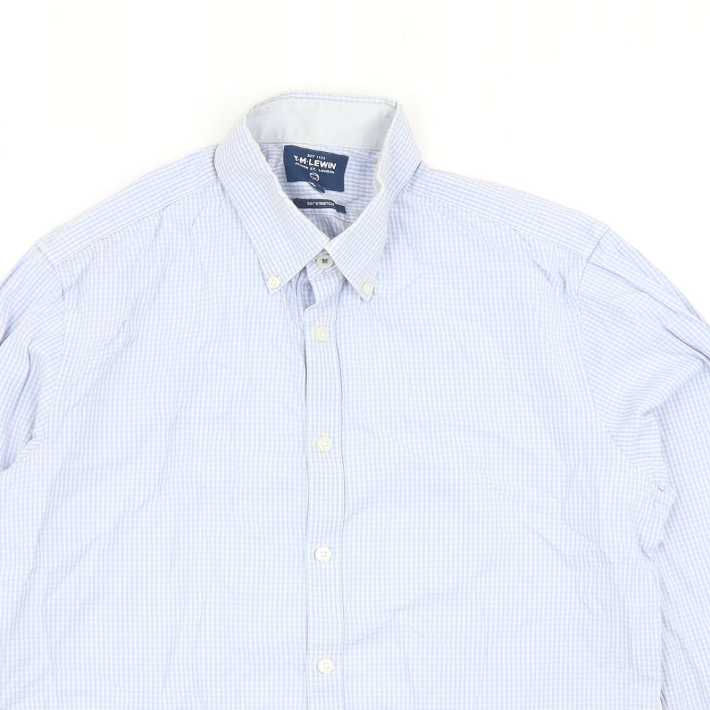 T.M.Lewin Mens Blue Check Polyester Button-Up Size M Collared Button