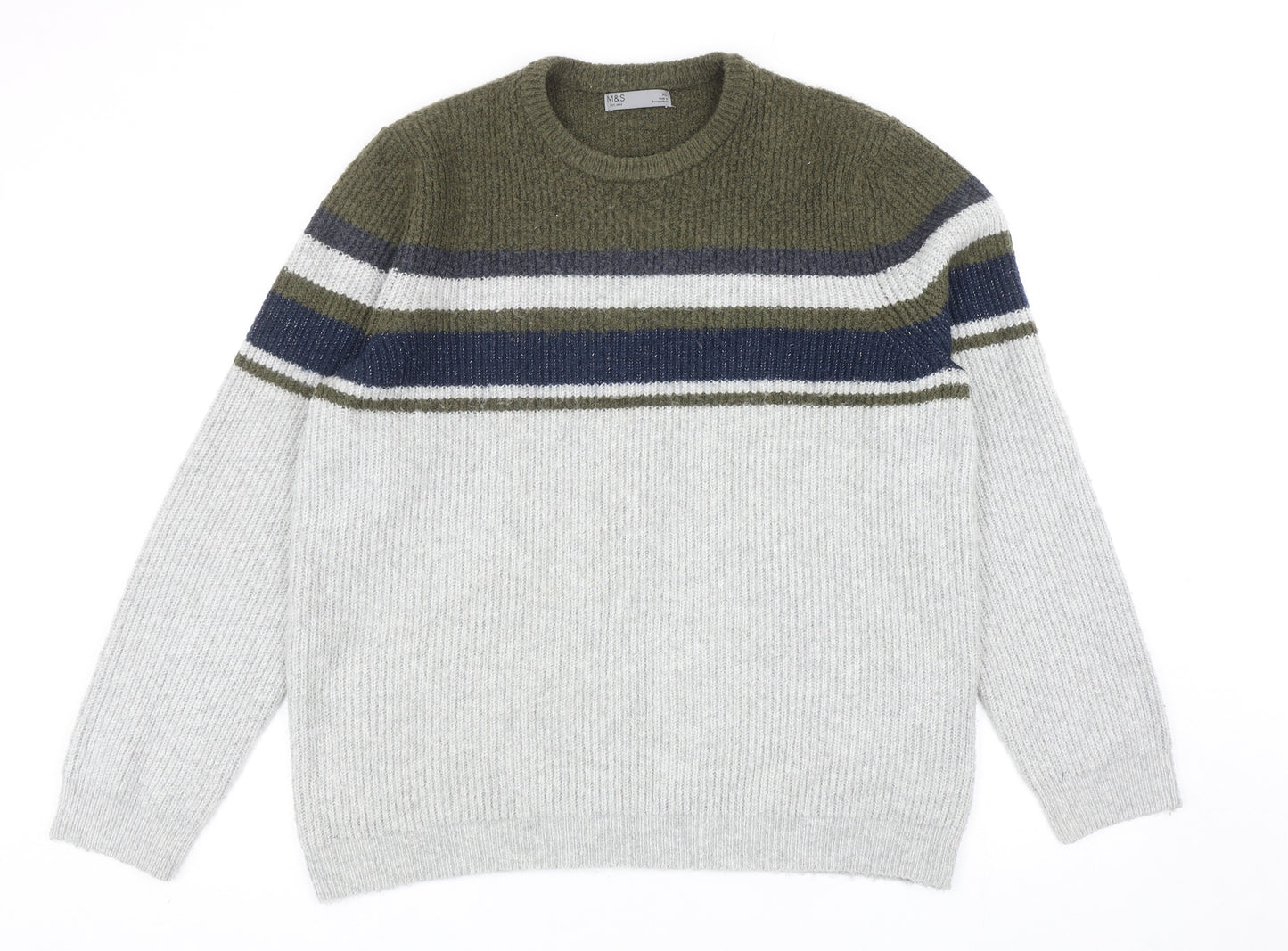 Marks and Spencer Mens Grey Round Neck Acrylic Pullover Jumper Size XL - Colourblock