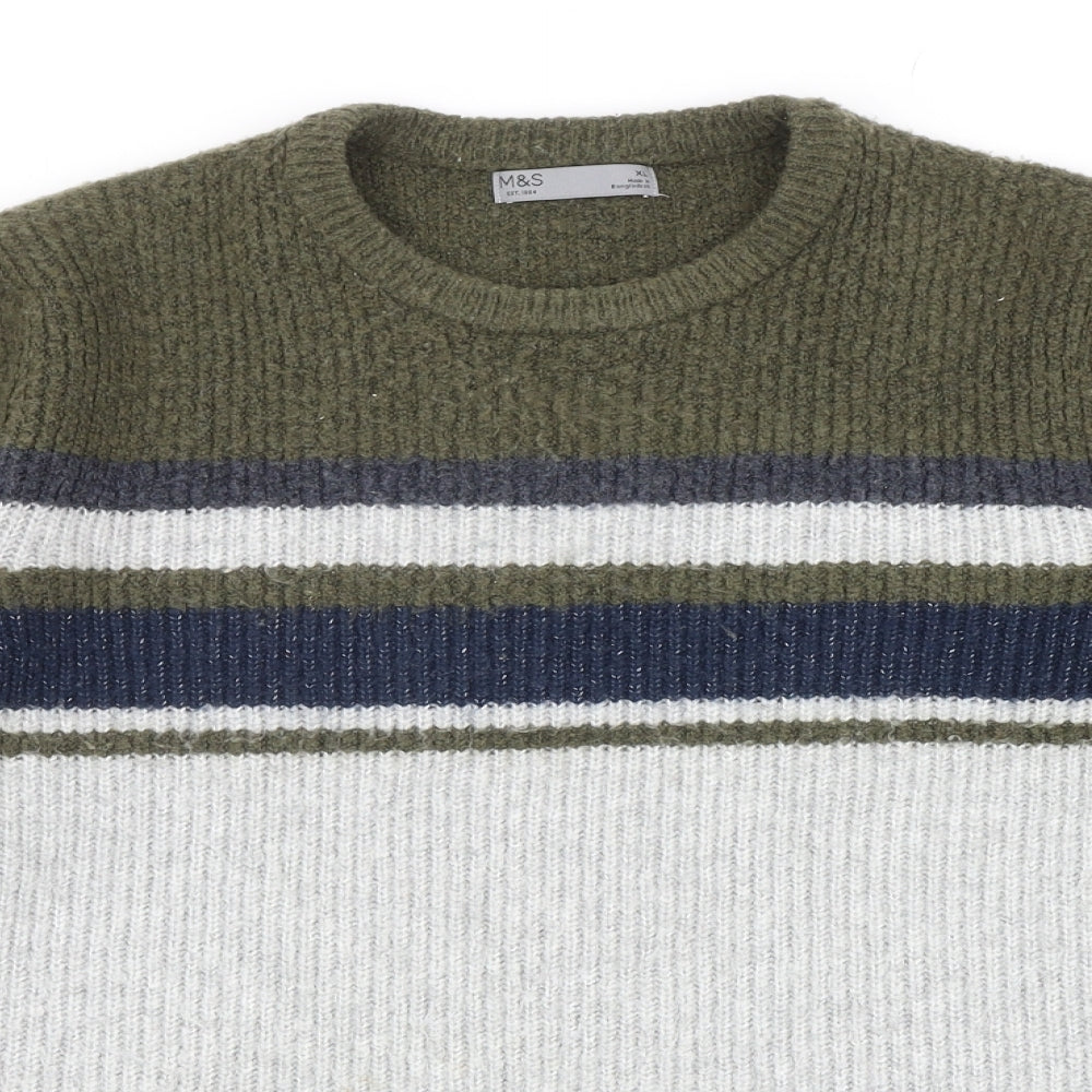 Marks and Spencer Mens Grey Round Neck Acrylic Pullover Jumper Size XL - Colourblock