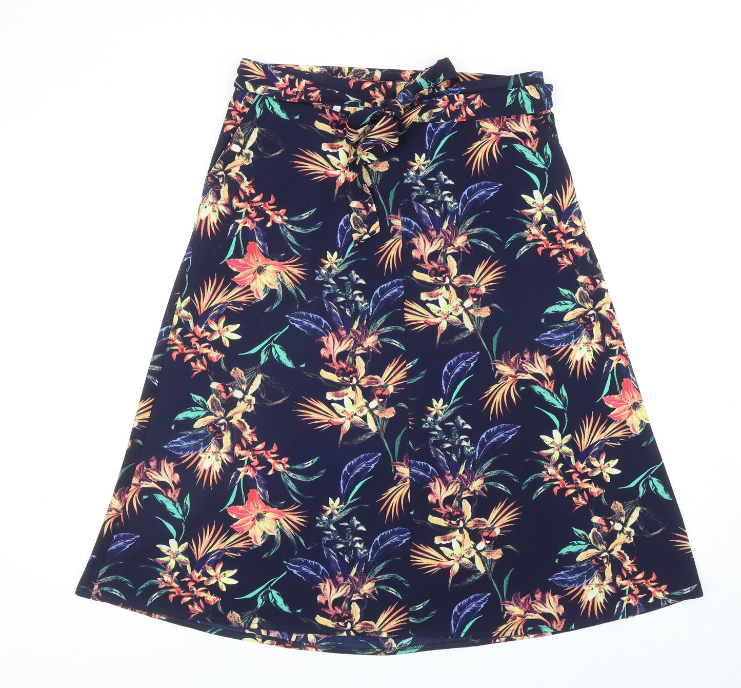 M&Co Womens Blue Floral Polyester Swing Skirt Size 12 Tie